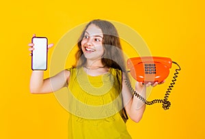 child with vintage and modern telephone. childhood development. pretty teenage girl in dress talk on phone. kid speak on