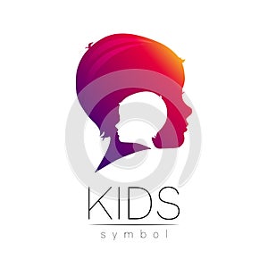 Child violet logotype in vector. Silhouette profile human head. Concept logo for people, children, autism, kids, therapy