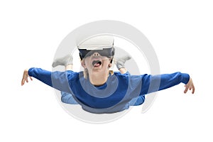 Child in virtual reality glasses soars isolated on white background. Virtual reality games, VR glasses