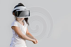 Child with Virtual Reality, VR, Headset Studio Shot Isolated on White Background. Kid Exploring Digital Virtual World with VR