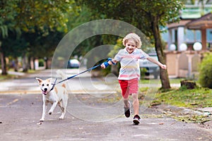 Child walking dog. Kids and puppy. Boy and pet