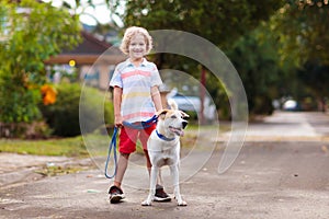 Child walking dog. Kids and puppy. Boy and pet