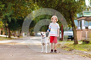 Child walking dog. Kids and puppy. Boy and pet