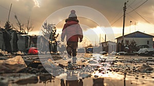a child walking through polluted streets .