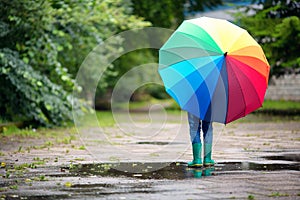 Child walking in wellies in puddle on rainy weather