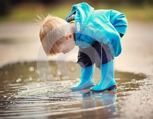 Child walking in wellies in puddle on rainy weather photo