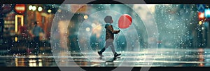 Person Walking in Rain With Red Balloon. Generative AI.