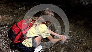 Child Washing Hands in River Water, Kid Hiking at Camping in Mountains Trails, Teenager Girl Walking in Forest, Adventure Trip