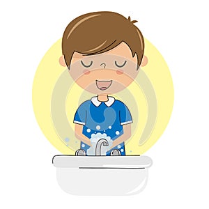 Child washing hands with soap.