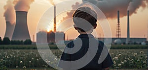 Child watches smoke coming out of the chimney and cooling tower of a power plant