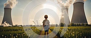 Child watches smoke coming out of the chimney and cooling tower of a power plant