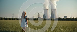 Child watches smoke coming out of the chimney and cooling tower of a power plant