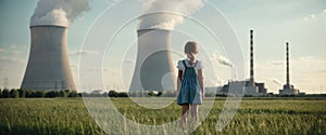 Child watches smoke coming out of the chimney and cooling tower of a power plant