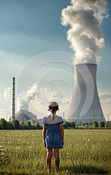 Child watches smoke coming out of the chimney and cooling tower of a power plant