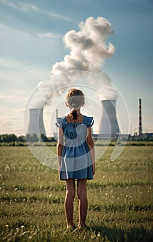 Child watches smoke coming out of the chimney and cooling tower of a power plant