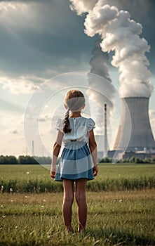 Child watches smoke coming out of the chimney and cooling tower of a power plant