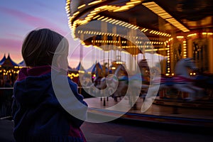 child watching from a distance as the carousel blurs in twilight