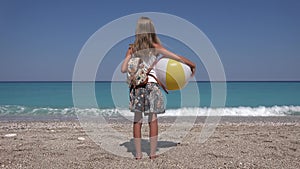 Child Watching Sea Waves on Beach, Little Girl Playing at Seaside, Seashore 4K