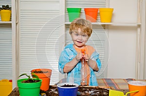 A child watering flowers. The boy cares for house plants. Assistant helper kid. Home biology. Fun learning. Household