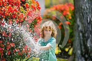 Child watering flowers and plants in garden. Kid with water hose in backyard. Kids gardening. Kids summer fun outdoor at