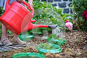 child watering seedlings of flowers from a watering can in the garden, the girl is having a good time outdoors, weekend