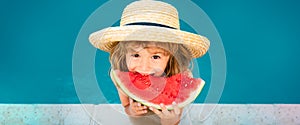 Child with watermelon in pool outdoor. Kid having fun in swimming pool. Kids summer vacation and healthy eating concept