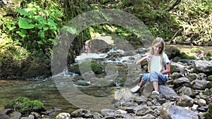 Child Waving Goodbye by River in Mountains, Kid Playing Outdoor, Girl in Nature