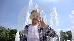 Child Waving Goodbye Smiling in Camera, Girl Relaxing Outdoor in Summer Day 4K