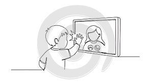 Child Waving Hello to a Person on a Computer Screen