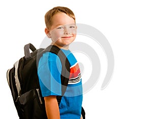 child wearing backpack isolated on white