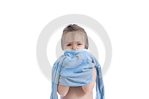 Child wearing cloth. kid learning to wear blouse and gathering to kindergarten isolated on white