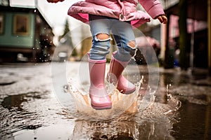 Child wearing pink rain boots jumping into a puddle. Childhood concept