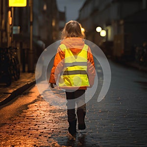 A child wearing reflective clothing while walking aware of their safety. AI generation
