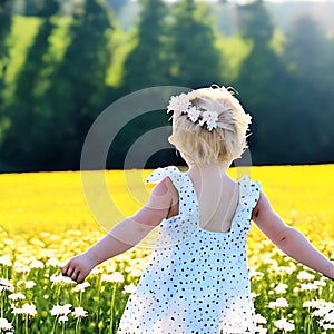 Child in a white dress on a field with flowers