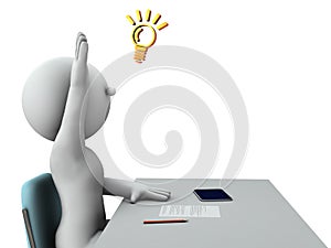 A child who raises his hand and announces. An active and intelligent student. A tablet device on the desk. 3D rendering.