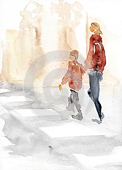 Child and woman cross the road at a pedestrian crossing. Minimalist stylized sketch. Isolated on white. Hand drawn watercolor with