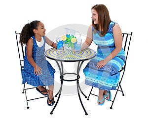 Child And Woman Sharing Lemonade At Bistro Table photo