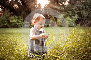 A child in the woods against a backdrop of trees and grass. A one-year-old girl is studying nature. Sunny sunset, a child in a