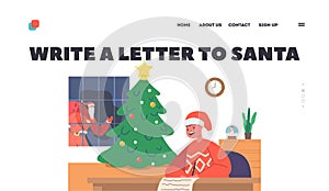 Child Write Letter to Santa Claus Landing Page Template. Little Boy Character Writing Wish List Sitting at Table in Room