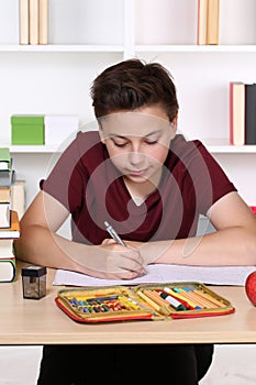 Child writing homework at school