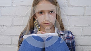 Child Writing, Studying, Thoughtful Kid, Pensive Student Learning Schoolgirl