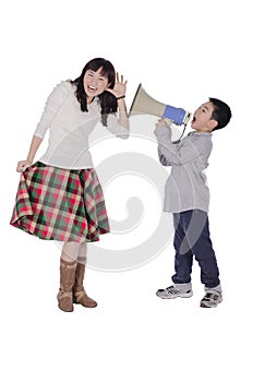 Child yell at mother with megaphone