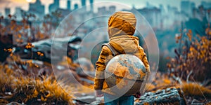 Child in yellow jacket is holding large globe in his hands. AI