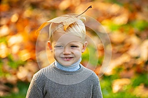 Child with yellow leaf in autumn park. Cute little boy enjoy autumn nature has happy face. Child portrait. Smile kids