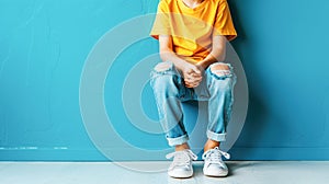 A child in a yellow T-shirt sits against a blue wall. Relationships among teenagers, bullying, problems of adolescence