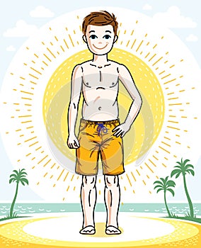 Child young teen boy cute standing wearing fashionable beach shorts. Vector pretty nice human illustration. Childhood lifestyle c