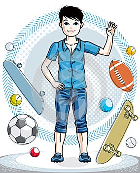 Child young teen boy cute standing wearing fashionable casual clothes. Vector character.