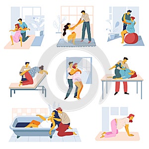 Childbirth isolated icons, man and woman preparing for giving birth photo