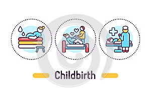 Childbirth outline concept. Maternity hospital service line color icons. Pictograms for web page, mobile app, promo.