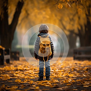 Childhood adventure Little boy with backpack explores autumn park